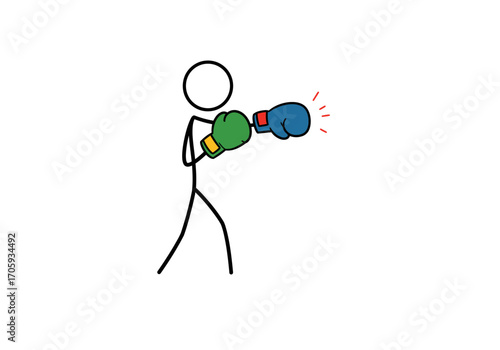 A stick figure punches with boxing gloves one green one blue with action lines