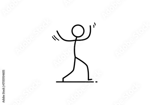 A stick figure stands with arms raised and legs moving on a line with a small dot next to it