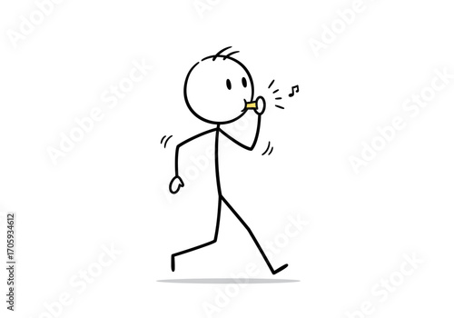 A stick figure walks while playing a yellow kazoo accompanied by musical notes