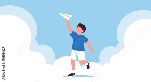 Joyful Boy Releasing Paper Plane in Cloudy Sky: Childhood Dreams Soaring High