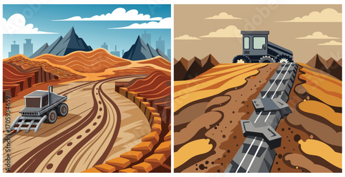 Soil heavily disturbed by construction activity showing loosened earth and debris Vector art design