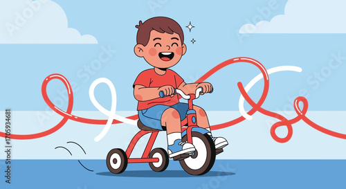 Joyful Boy Riding Tricycle on a Sunny Day and Experiencing the Purest Happiness