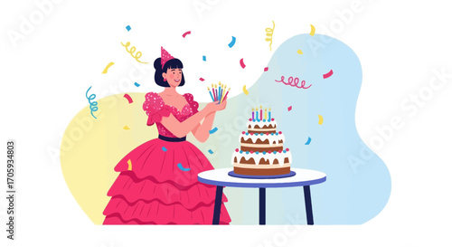 Joyful Celebration: Birthday Cake and Woman Celebrating Festive Special Occasion