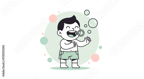 Joyful Child Blowing Bubbles Playing Outside Under a Serene Light Green Circle.