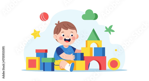 Joyful Child Building Colorful Toy Blocks Creating Imagination And Exploring Fun Worlds