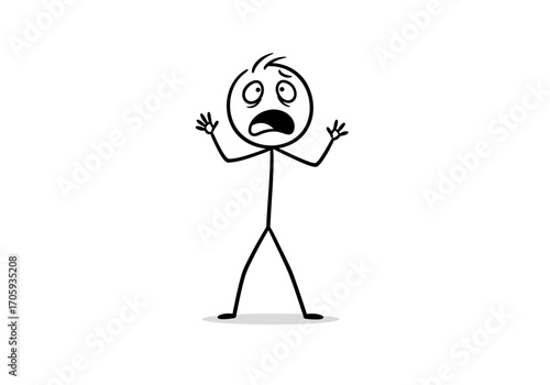Frightened stick figure with raised hands wide eyes and open mouth against a white background