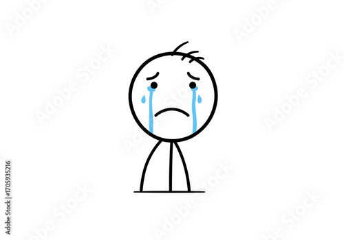 Crying stick figure with tears simple black lines on a white background