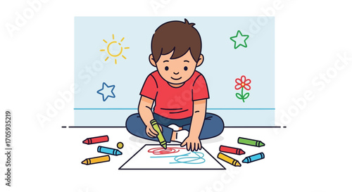 Joyful Child Creating Vivid Artwork With Colorful Crayons And Drawing In A Relaxing Setting