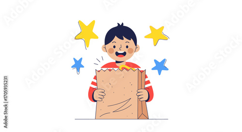 Joyful Child Discovering A Secret Gift Within A Decorated Package Illustration