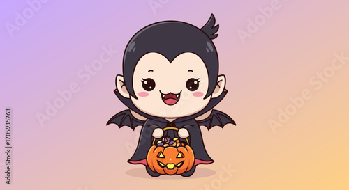 A cute black cat in a purple witch hat holding a jack-o'-lantern, an adorable kawaii kitten character illustration perfect for Halloween