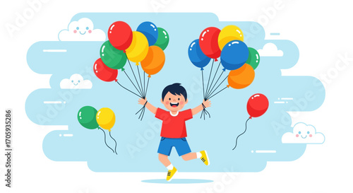 Joyful Child Dancing With Colorful Balloons Amidst Whimsical Cloudscape Celebration