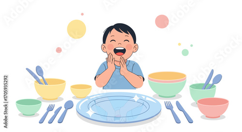 Joyful Child Eagerly Prepares For Mealtime Surrounded By Dishes And Cutlery