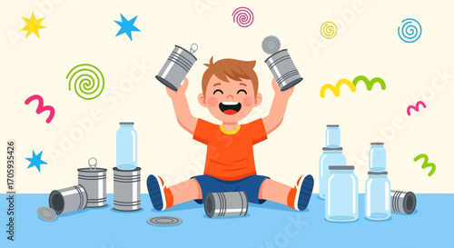 Joyful Child Enjoying Activities With Jars And Tin Cans In A Playful, Cartoonish Fashion