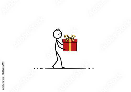 Stick figure carrying a red gift box with gold ribbon on a white background