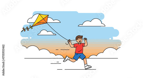 Joyful Child Enjoying Kite Flying Against a Beautiful Blue Sky And Soft Clouds