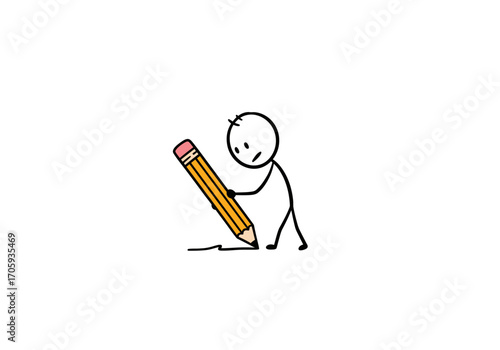 Stick figure drawing with yellow pencil making a line on blank background