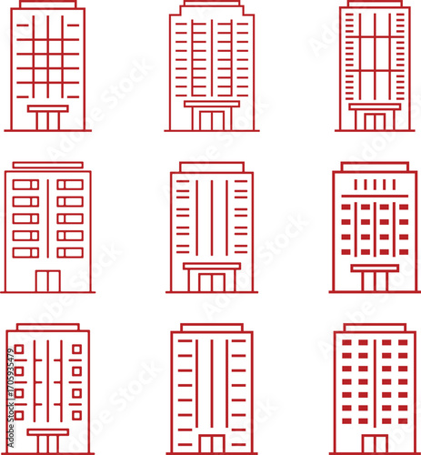 Building icons set, outline skyscraper and office buildings