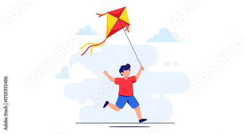 Joyful Child Enjoys Flying Kite During Sunny Afternoon Against Cloudy Sky