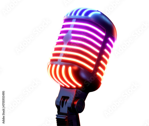 Retro Neon Microphone with Glowing Stripes Isolate on Transparent Background, cutout, png