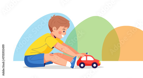 Joyful Child Enjoys Playing With a Red Toy Car in a Vibrant and Colorful Setting