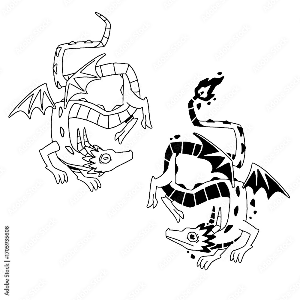 Fototapeta premium Stylized fantasy dragon in outline and solid form