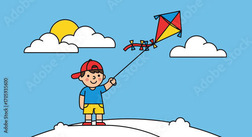 Joyful Child Flying A Colorful Kite Under A Bright Sun In A Clear Blue Sky