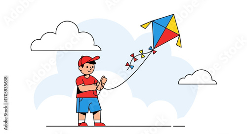 Joyful Child Flying Geometric Kite in Sunny Sky, Enjoying Leisure and Outdoor Fun