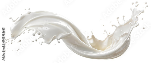 Swirling splash of fresh white milk in curved motion, isolated on transparent cutout background