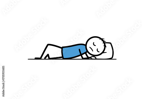 Stick figure lying down resting head on pillow wearing a blue shirt