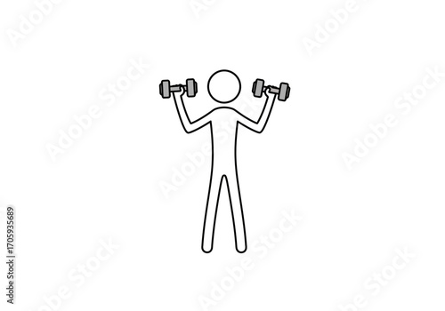 Stick figure lifts grey dumbbells above head