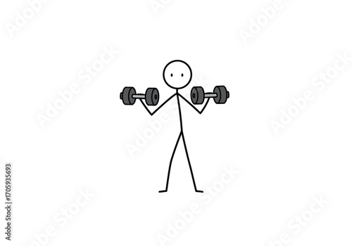 Stick figure lifting dumbbells flexing arms on white background