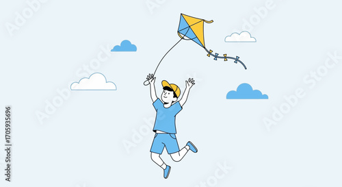Joyful Child Flying A Kite Under A Clear Sky On A Bright And Sunny Day Always