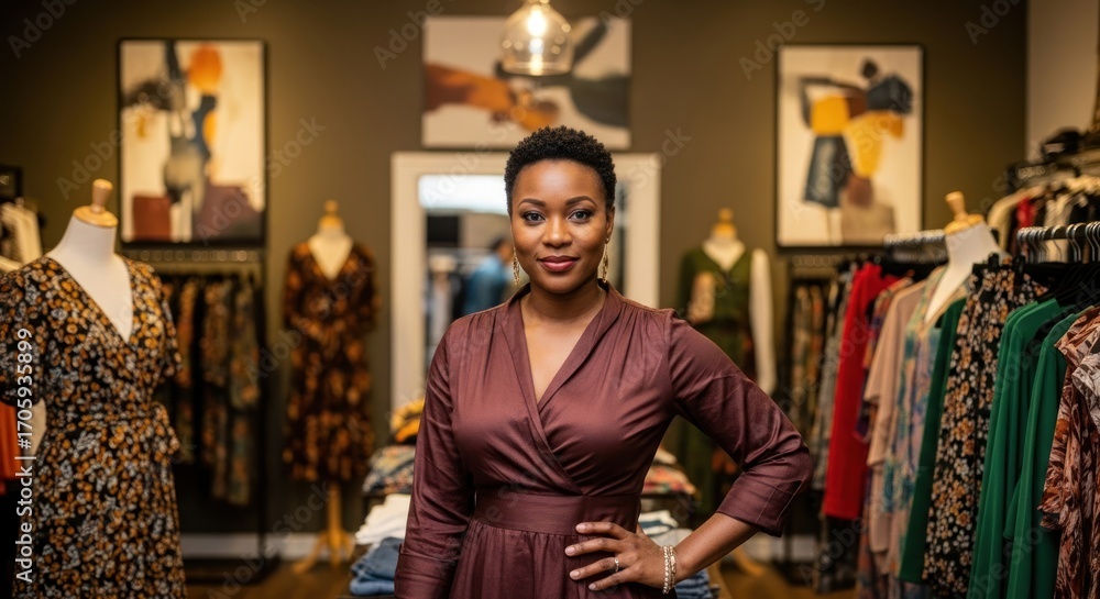 Fototapeta premium A woman standing in a clothing store with a collection of dresses.
