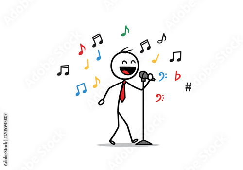 Stick figure singing into a microphone surrounded by musical notes and symbols
