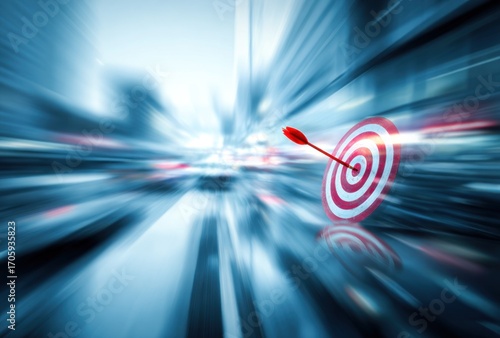 Motion-blurred city scene with a bullseye target and arrow hitting the center, symbolizing precision and achieving goals