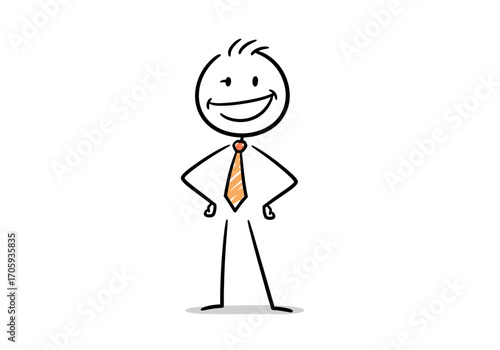 Stick figure smiling with hands on hips and an orange tie against a white background