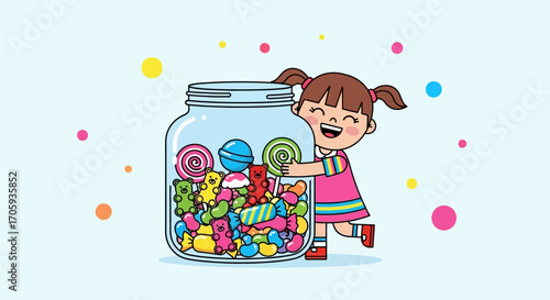 Joyful Child Hugging Giant Candy Jar Filled With Vibrant Sweets and Colorful Treats, Delicious
