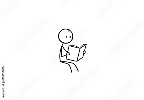 Stick figure sitting reading a book minimalist drawing black and white