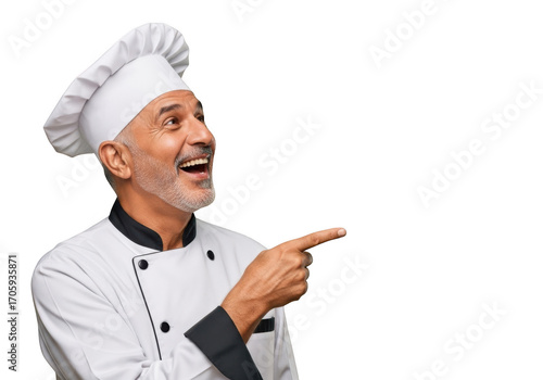 Happy chef pointing smiling culinary expert professional cook restaurant food service isolated on transparent background