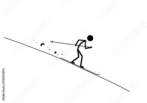 Stick figure skier descends a slope holding poles small debris trails behind