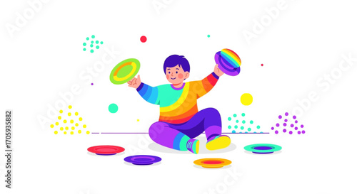 Joyful Child Illustratively Balancing Colorful Discs and Enjoying a Delightful Performance