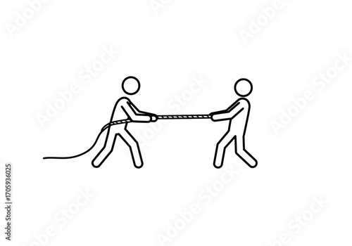 Two stick figures engaging in a tugofwar competition using a thick rope