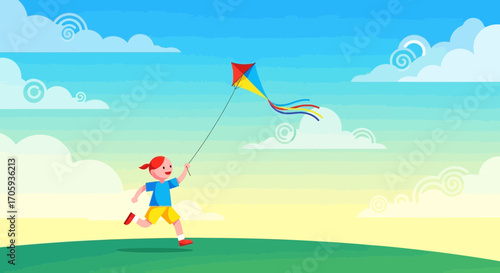Joyful Child Rejoicing While Playing With Kite Amidst Cloud-Dotted Azure Skies