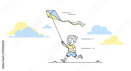 Joyful Child Running With A Kite Against A Backdrop Of Clouds, Illustration, Sky