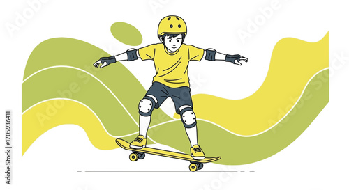 Joyful Child Skateboarding, Protected, Yellow, Vibrant, Active, Enjoying the Ride, Summer.