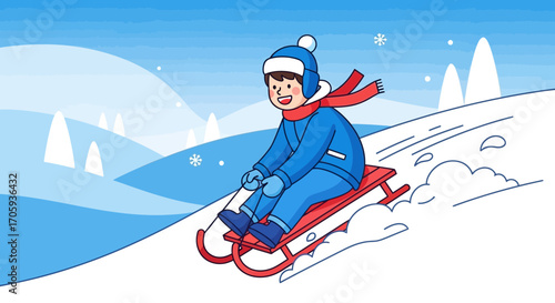 Joyful Child Sledding Down Snowy Hilltop, Winter Fun And Animated Illustration