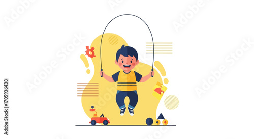 Joyful Child Skipping Rope With Playful Toys, Expressing Happiness In This Colorful Scene