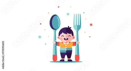Joyful Child with Giant Utensils Ready And Happy To Eat His Meal Anytime
