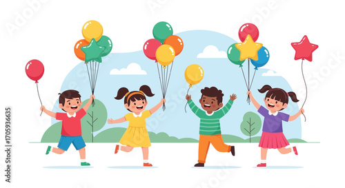 Joyful Children Celebrating With Bright Balloons, Having Fun Outdoors In Sunshine