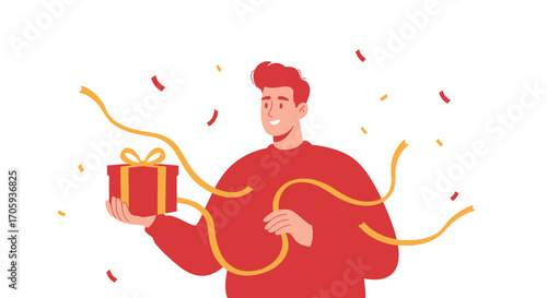 Happy Recipient Holding a Gift Box with Ribbons and Festive Confetti Showering Around Him